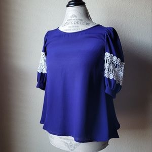 Ya Los Angeles Blue Blouse with White Knit Sleeves